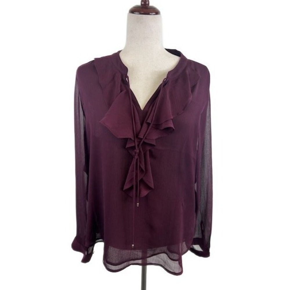 Tommy Hilfiger Women's Size‎ Large Burgundy Ruffle Neck Long Sleeve Top Blouse
